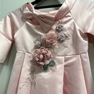 Pink Princess Easter Dress Girls 4T Floral & Beaded w/ Bow Shawl Collar NWT